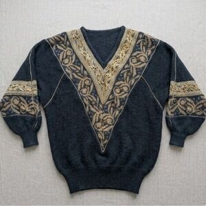Vintage 80s West Germany Mohair Blend Sweater Gold Metallic Embroidered V-Neck